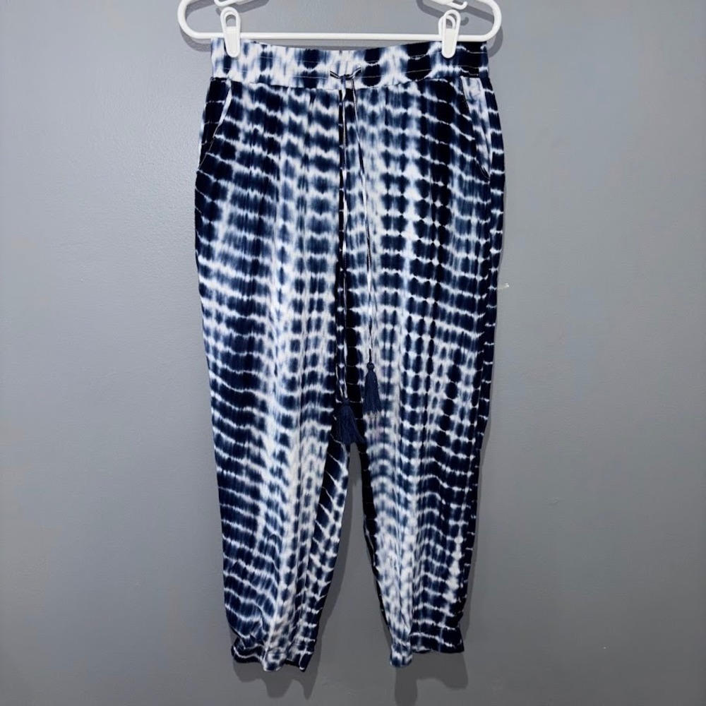 Hem &‎ Thread Pants Womens L Blue Rayon Tie Dye Tassel Boho Relaxed Crop Pants